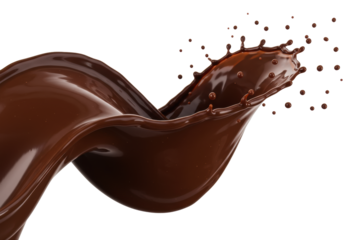 Dark melted chocolate liquid in a dynamic splash, a glossy swirling wave with spherical droplets, transparent background, high-key studio lighting, macro focus, luxurious indulgence concept
