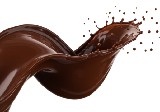 Dark melted chocolate liquid in a dynamic splash, a glossy swirling wave with spherical droplets, transparent background, high-key studio lighting, macro focus, luxurious indulgence concept