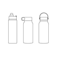 Clean line art of three reusable water bottles in different shapes, isolated on white, eco-friendly hydration container illustration for lifestyle and product design.