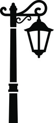 Classic black silhouette of an ornate vintage street lamp with a curved arm and hexagonal lantern against a clean white background symbolizing old world charm and illumination