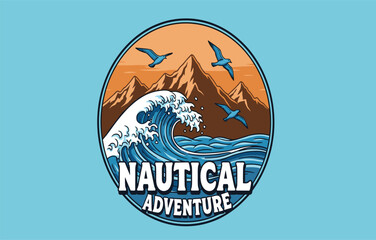 Travel adventure illustration, mountains, ocean waves, eagle, sunset, moonlight, bold typography, nature exploration design, circular vector art