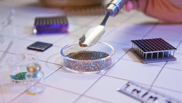 Immaculate nano-materials workspace with precise tools and clean bench.