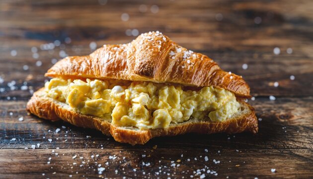 Golden croissant sandwich filled with creamy egg salad on a dark rustic wooden background.