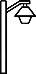 Simple black line drawing icon of a traditional street lamp on a white background representing outdoor lighting and urban infrastructure