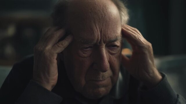 Emotional close-up of an elderly man in distress, expressing feelings of stress and anxiety in a cozy setting