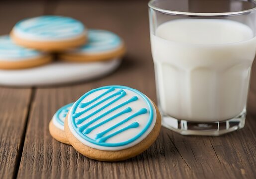 Round sugar cookies with blue and white icing next to a glass of fresh milk on a rustic wooden table.