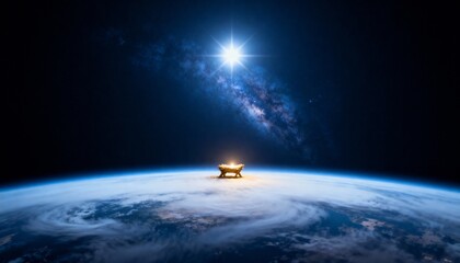 Fototapeta premium Christmas nativity scene with a glowing manger resting on Earth in space. Star of Bethlehem shining brightly over the planet. Religious background concept of the Savior of the World