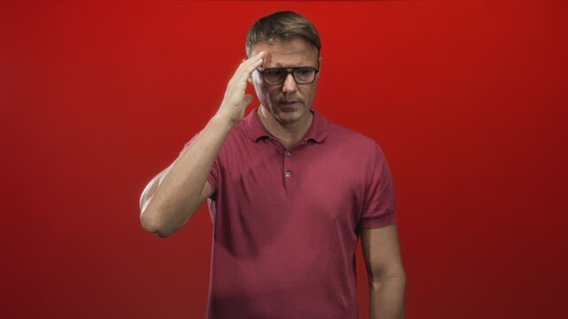 Man with glasses in a maroon polo pressing his hand to temple and closing his eyes against a red studio backdrop; stress headache.