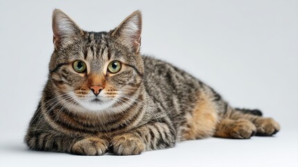 Obraz premium Studio portrait of a sitting tabby cat looking forward against a white back ground