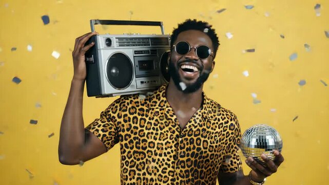 Joyful african american man with sunglasses and leopard shirt dancing with a vintage boombox and a disco ball under falling confetti against a vibrant yellow background during a retro party