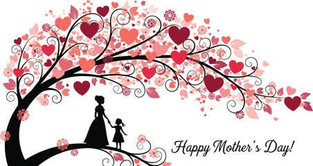 Mother’s Day tree design, pink heart leaves, swirling branches, mother child silhouette, floral celebration art, affectionate holiday vector