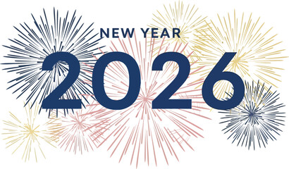 New Year 2026 text with abstract colorful fireworks and confetti on Christmas white celebration festive