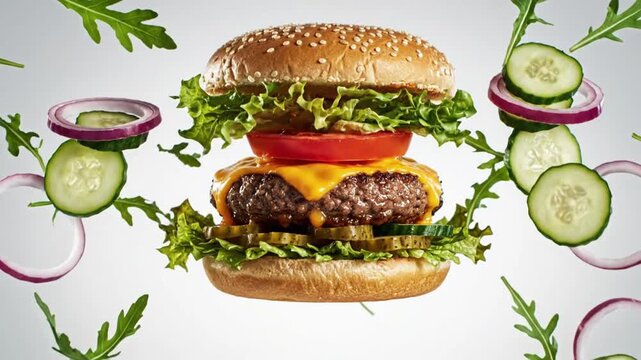 Dynamic exploded cheeseburger with a juicy beef patty, melted cheese, fresh tomato, lettuce, pickles, onion, cucumber, and arugula floating in midair animated 4k video