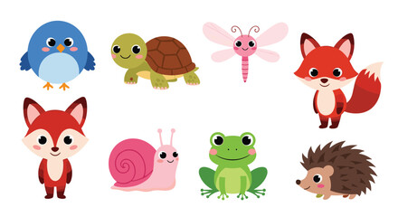 Naklejka premium Cute cartoon woodland animals including a bird, turtle, dragonfly, fox, snail, frog, and hedgehog in vector format on white background.
