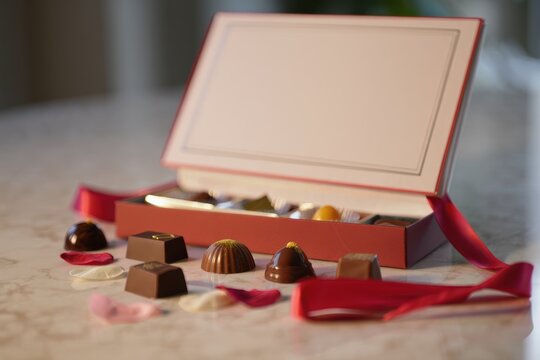 Premium luxury chocolate gift box displayed on pale marble surface with open lid