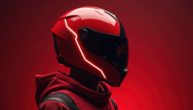 Sleek red motorcycle helmet with glowing neon accents, worn with a red hoodie. Modern protective gear for riders, expressing speed, power, and bold adventure on the road.