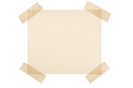 Blank paper sheet with sticky tape attached on corners, creating a clear space for your message on transparent background - Powered by Adobe