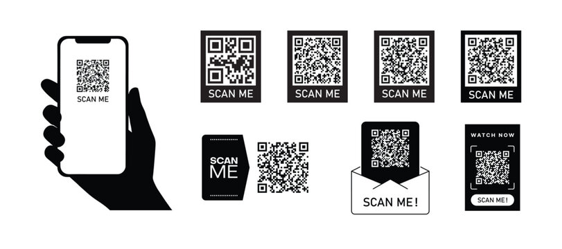 Scan me. QR code scan icon with smartphone, scan me barcode sign.