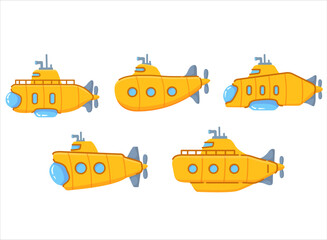  Cartoon underwater submarine with periscope.Yellow submarine.Vector flat illustration.Isolated on white background.
