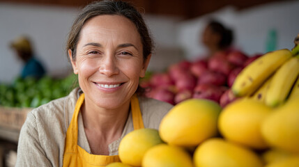 Obraz premium Latin american market vendor arranging fresh fruits with a smile