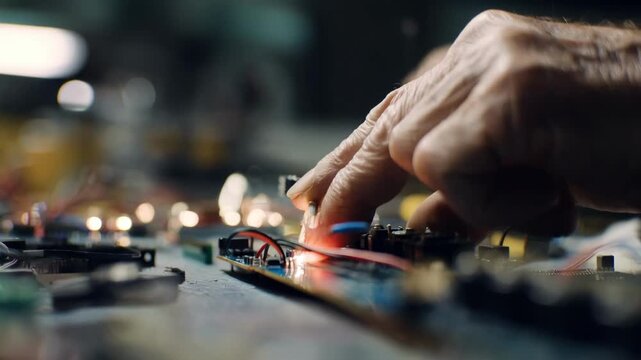 Medium shot focusing on detailed movements during manual wire stripping emphasizing safety and accuracy in handling electrical components