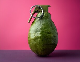 Avocado Grenade: A quirky food concept combining health and danger against a vivid magenta backdrop and textured purple surface.