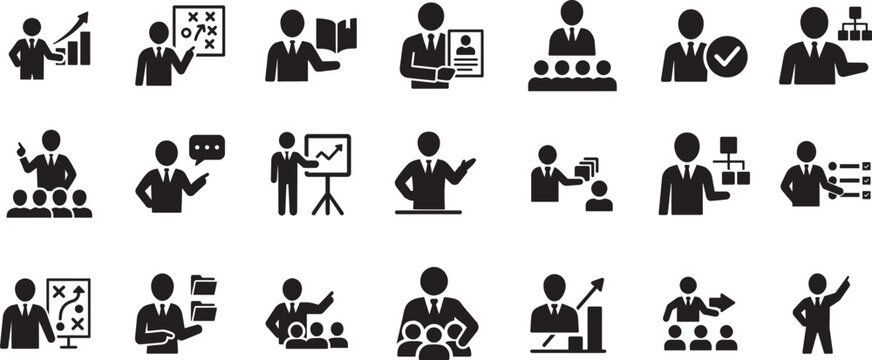   Manager icon set showing leadership, workflow, and business management symbols in bold vector style.