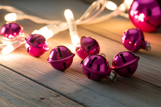 Festive magenta christmas ornaments and twinkling fairy lights illuminate a rustic wooden surface creating a warm holiday ambiance
