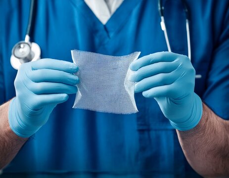 Surgical Mesh Implant Held by Doctor in Blue Scrubs and Gloves, Ready for Hernia Repair or Other Surgical Procedure