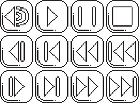 Rewind fast reverse back play stop pause volume forward fast forward next button icon thin line black and black highlight bottom left black-white vector pixel art icon