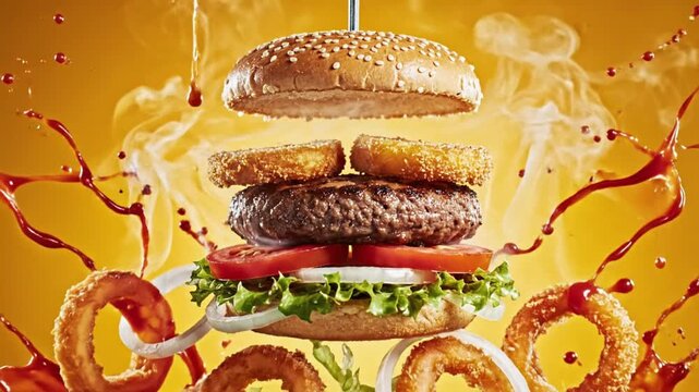 Exploding gourmet burger with grilled patty, fresh vegetables, crispy onion rings, and a dynamic splash of sauce, showcasing delicious fast food in motion animated 4k video