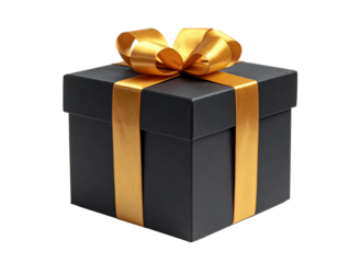 Black gift box with gold ribbon isolated on a transparent background.