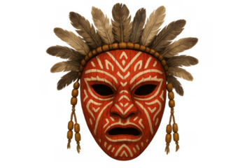 Tribal mask icon with red wood carving, white patterns, feathers, and ritual beads, transparent background