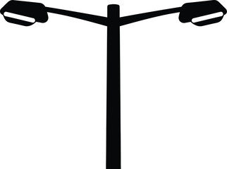 A simple black silhouette of a tall street lamp post with two lights on a white background representing urban lighting and infrastructure