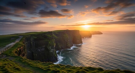 A scenic coastal cliff view bathed in golden light during sunset, with dramatic clouds and an ocean meeting the majestic cliffs