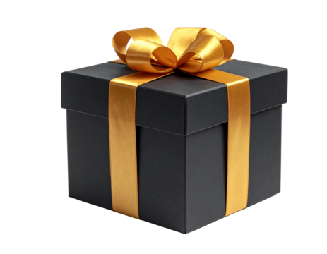 Black gift box with gold ribbon isolated on a transparent background. - Powered by Adobe