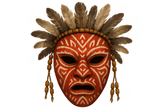 Tribal mask icon with red wood carving, white patterns, feathers, and ritual beads, transparent background