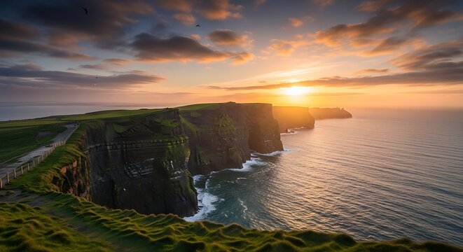 A scenic coastal cliff view bathed in golden light during sunset, with dramatic clouds and an ocean meeting the majestic cliffs - Powered by Adobe