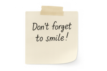 Sticky note reminding to smile, concept of happiness, positive motivation, and daily encouragement, transparent background