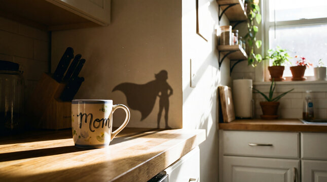 Coffee Mug Casting Shadow of Superhero Mom in Kitchen