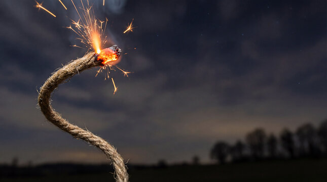 Burning Dynamite Fuse Sparking Against Dark Night Sky