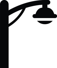 Simple black silhouette of a classic street lamp with a curved arm and a rounded light fixture against a clean white background ideal for graphic design and icons