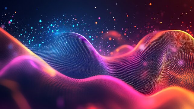 Dynamic abstract wave pattern with glowing particles, representing digital data flow, sound, or technology concept.