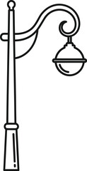 A simple elegant black and white line art illustration of a classic vintage street lamp with a curved arm and a spherical light fixture isolated on a clean white background