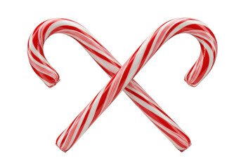 Fototapeta premium Two shiny, red and white striped candy canes with J-hook curves, perfectly crossed in an X-shape on a transparent background with negative space, minimalist holiday elegance concept