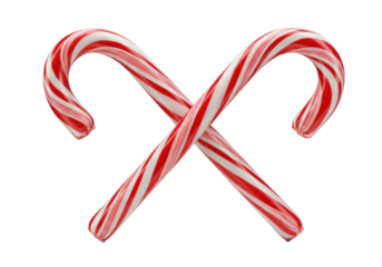 Two shiny, red and white striped candy canes with J-hook curves, perfectly crossed in an X-shape on a transparent background with negative space, minimalist holiday elegance concept