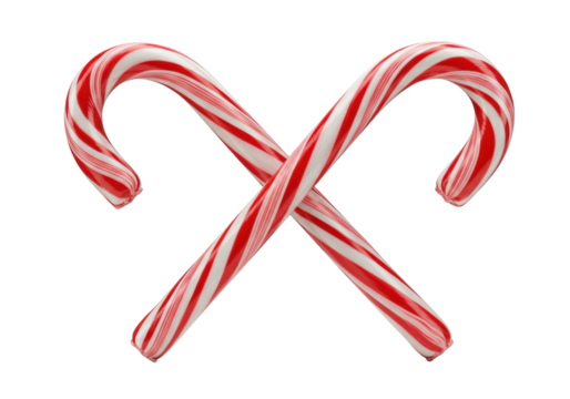 Two shiny, red and white striped candy canes with J-hook curves, perfectly crossed in an X-shape on a transparent background with negative space, minimalist holiday elegance concept