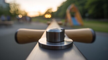 fulcrum. Wooden seesaw in a peaceful park at golden hour, showing perfect equilibrium. event key visuals, club posters, designed for sports event promotions and stadium branding.
