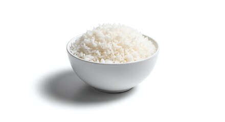 Bowl of fluffy white rice isolated on white background, a staple food in many cultures, showcasing its simple yet satisfying texture and appearance, perfect for culinary and dietary concepts