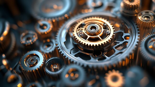 Close-up of intricate metallic clockwork gears, detailed mechanism showing precision and complex engineering design.